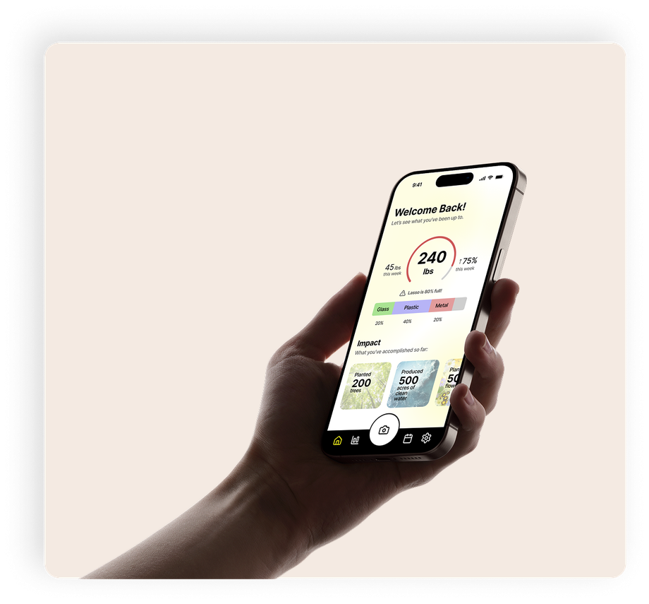 Hand holding a phone showing the Lasso Loop recycling app